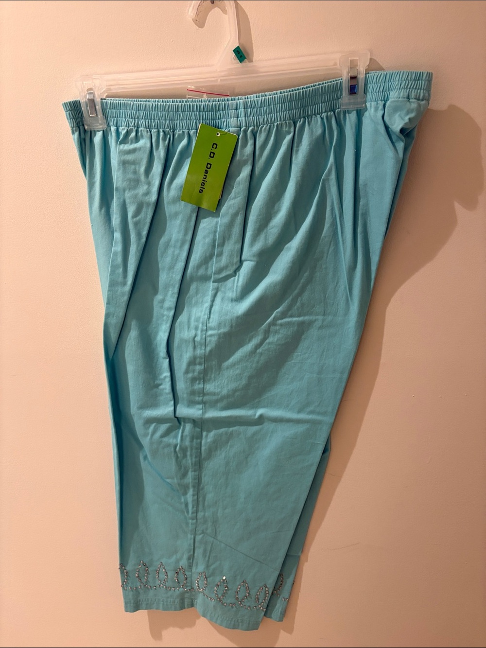 Light Blue Women's Capris with Elastic Waistband and Embellished Hem